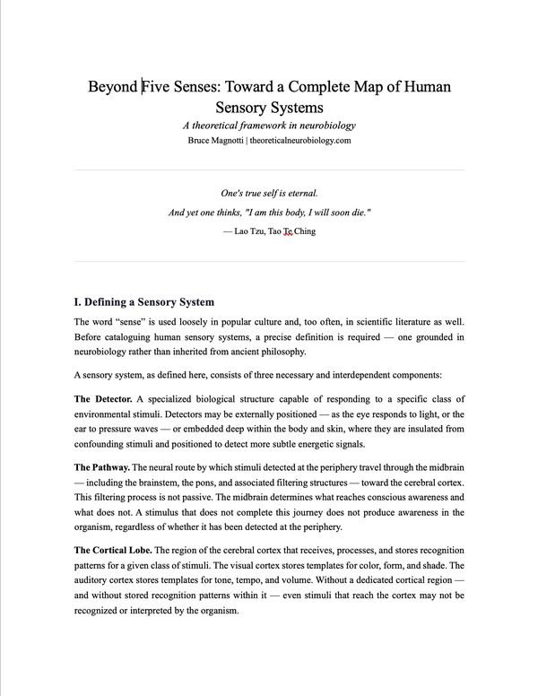 Beyond Five Senses — toward a complete map of human sensory systems, Bruce Magnotti