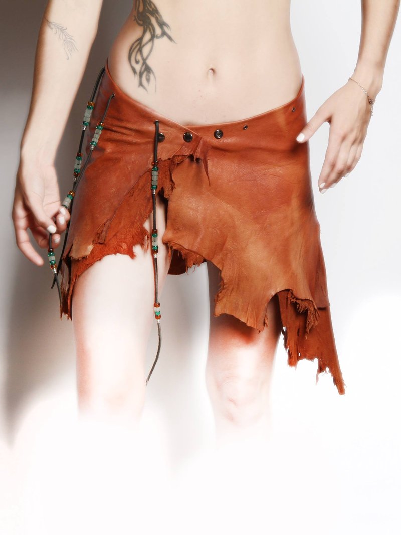 Tribal leather skirt — red and brown